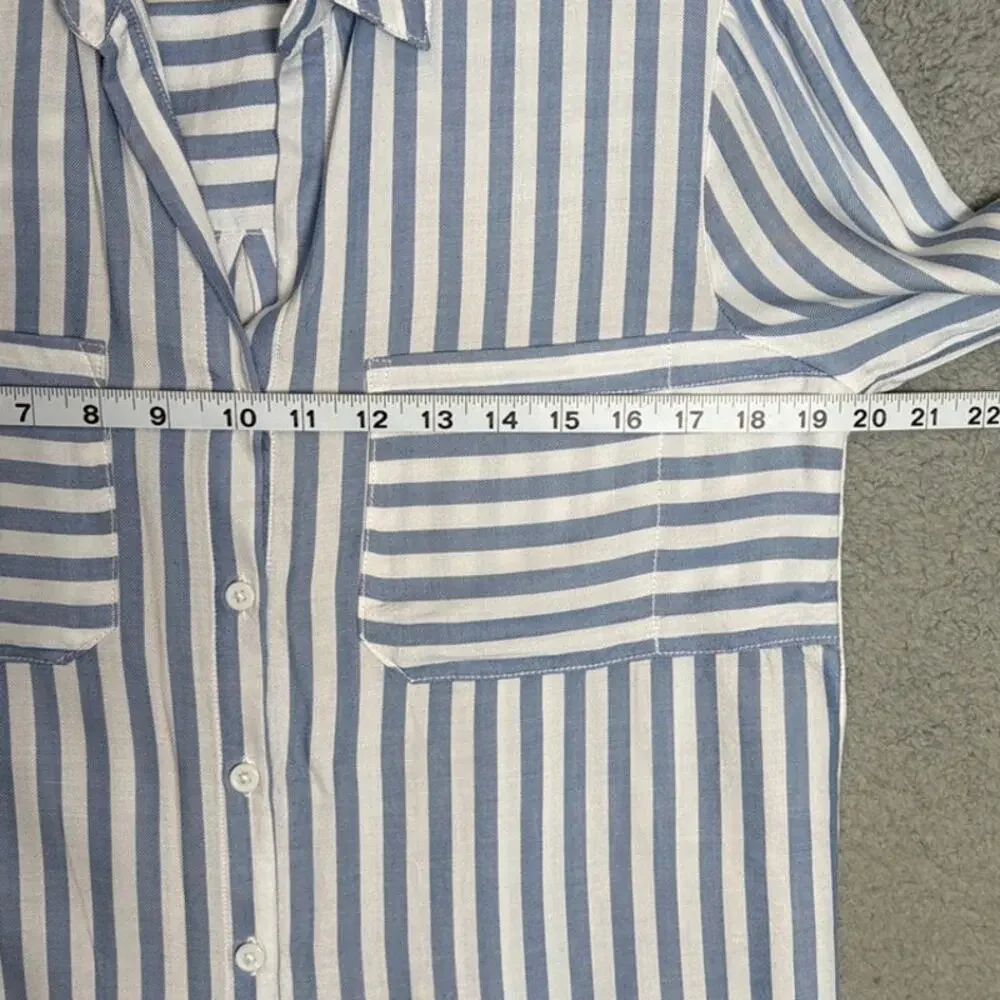 BeachLunchLounge Blue White Striped Button Front Shirt Rayon Lyocell Roll Tab S - Picture 4 of 8
